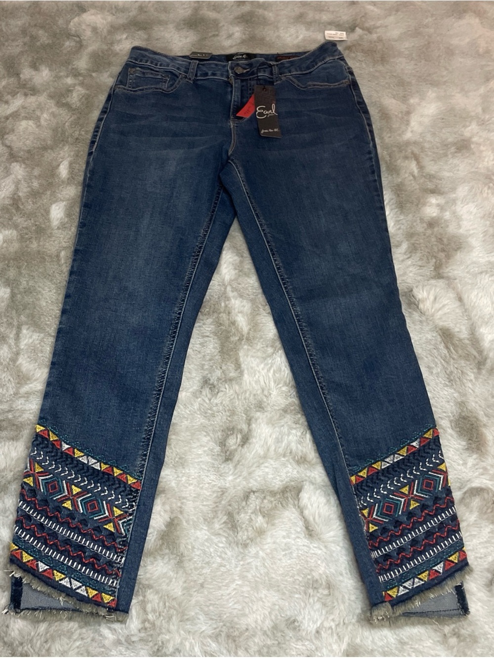 Earl Jeans Dark Blue Cropped Jeans with Colorful Embroidered Cuff-0269